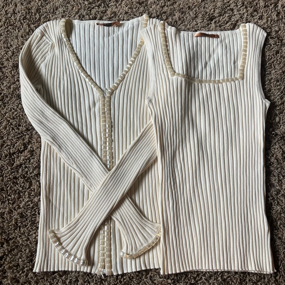 Belldini Cream Ribbed Button Down Shirt Set